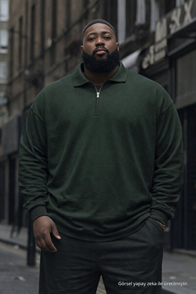 Maccali Erkek Trend Büyük Beden Haki Triko Sweatshirt