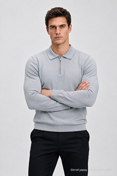 Maccali Tricou tricotat cu mânecă lungă, gri, cu guler polo, pentru bărbați