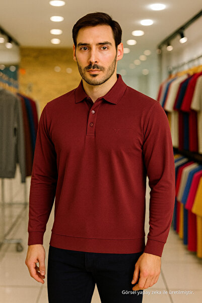 Maccali Tricou de bază pentru bărbați, cu mânecă lungă, cu guler polo