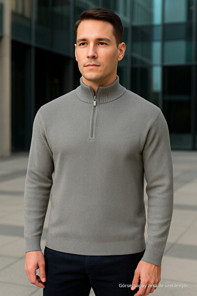 Maccali Erkek Boğazlı Fermuarlı Gri Sweatshirt Triko Kazak