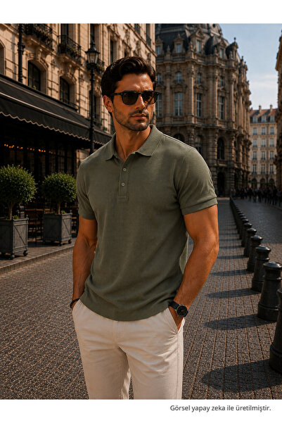 Maccali Erkek Trend Pamuklu Waffle Kumaş Haki Polo Yaka Tişört