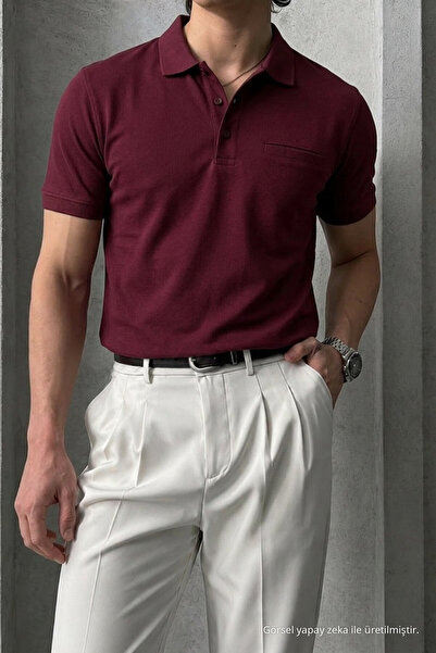 Maccali Men's Regular Fit Basic Burgundy Polo Neck T-Shirt with Pockets