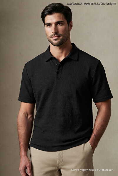 Maccali Tricou negru cu guler polo, cu mânecă scurtă, texturat, pentru bărbați