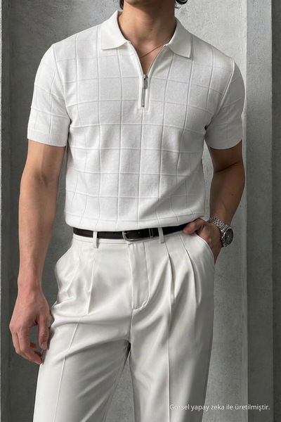 Maccali Men's Striped Relax Fit Knitwear White Polo Neck t Shirt
