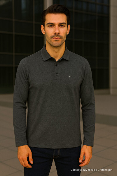 Maccali Men's Casual Basic Smoked Long Sleeve Polo Neck T-Shirt