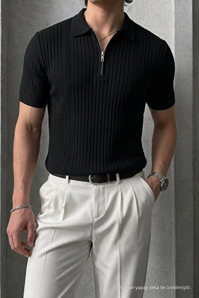 Maccali Tricou negru cu guler polo, cu dungi, pentru bărbați