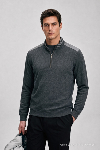 Maccali Men's Zippered Stand Collar Smoked Winter Sweatshirt