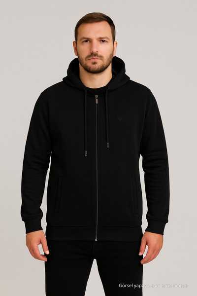 Maccali Erkek Uzun Kollu Siyah Kapüşonlu Fermuarlı Sweatshirt