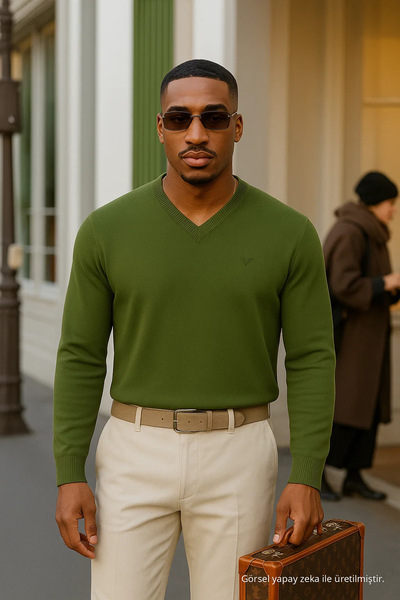 Maccali Erkek Trend Günlük Uzun Kollu V Yaka Haki Oversize Sweatshirt