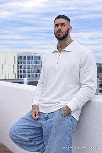 Maccali Erkek Günlük Büyük Beden Casual Beyaz Sweatshirt