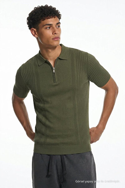 Maccali Erkek Regular Çizgili Haki Kısa Kollu Polo Yaka T Shirt