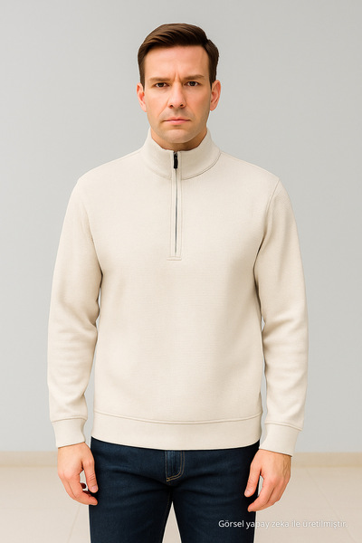 Maccali Men's Zippered Polo Neck Loose Long Cream Knit Sweater