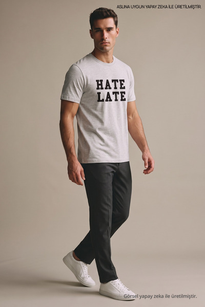 Maccali Γκρι ανδρικό μπλουζάκι με στάμπα Hate Late και φαρδιά γραμμή