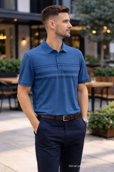 Maccali Erkek Comfort Fit Desenli İndigo Polo Yaka Tişört