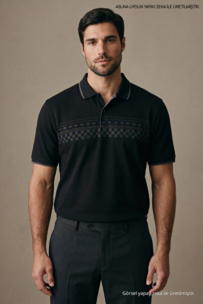 Maccali Men's Short Sleeve Patterned Black Polo Neck T-Shirt