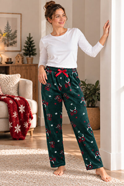 FORMO Kadın Koyu Yeşil Polar Cepli Kışlık Kalın Kaliteli Pijama Altı