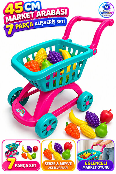 YILDIRIM OYUNCAK Market Arabası 7 Parça File Meyve Sebzeler 45 cm - Evcilik M...