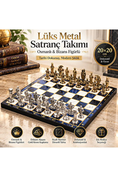e-life shop Lüks Metal Satranç Takımı Osmanlı Bizans Figürlü Krom Mavi Mermer...