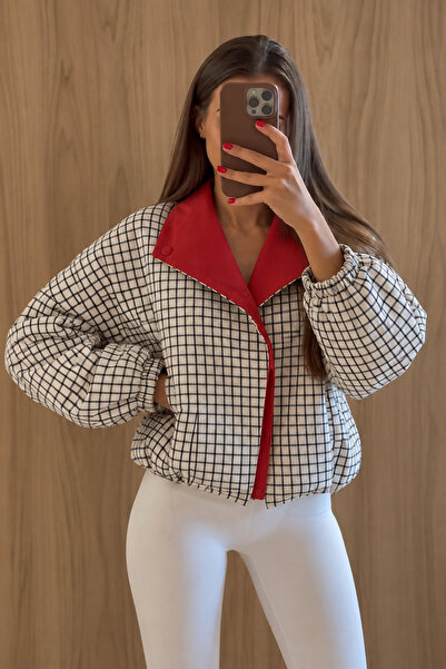 Trendsensin Lorven Kadın Oversize Ekose Ceket Kırmızı Yaka Balon Kol