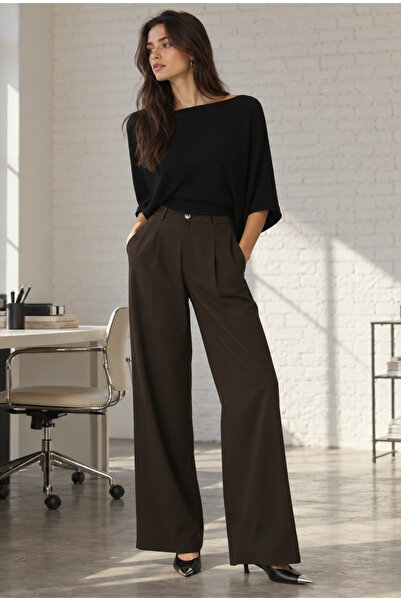 armonika Women's Khaki High Waist Front Pleated Detail Wide Leg Pants Arm-26K...