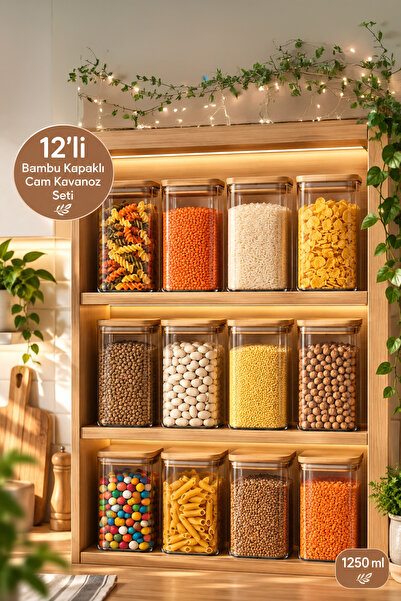 Porsima 6-4 Bambu Vakumlu Kapaklı Kare Borosilikat Cam 12li Kavanoz Seti Sakl...