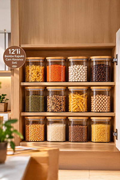Porsima 5-4 Bambu Vakumlu Kapaklı Kare Borosilikat Cam 12li Kavanoz Seti Sakl...