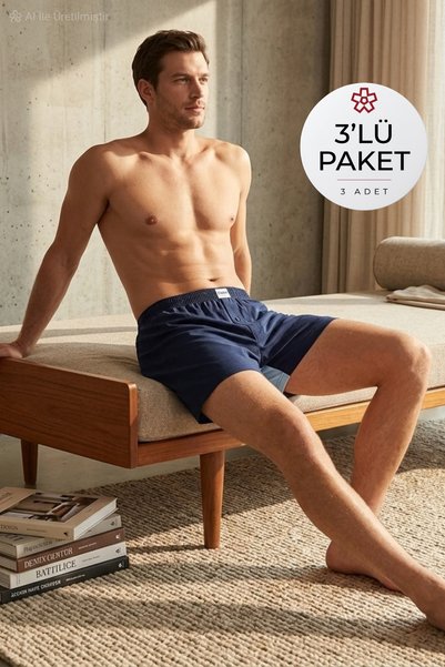 YILDIZ Havlu Bel Erkek Boxer Lacivert %100 Pamuk 3'lü Paket