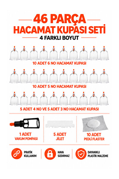 HVM 46 Parça Hacamat Kupası Seti, Hacamat Seti, Hacamat Malzemeleri