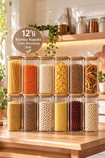 Porsima 7-4 Bambu Vakumlu Kapaklı Kare Borsilikat Cam 12li Kavanoz Seti Sakla...