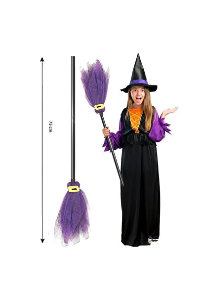 partidolu Halloween Yetişkin Çocuk Uyumlu 75 cm Tüllü Cadı Süpürgesi Mor Renk...