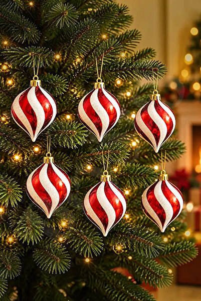 BeySüS Christmas Tree Ornament Red and White Spiral Patterned Set of 6