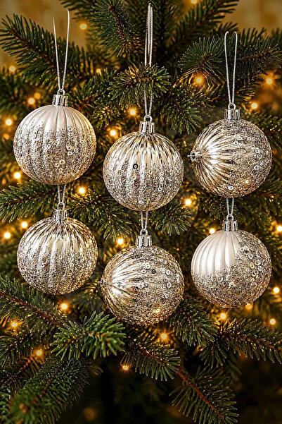 BeySüS Christmas Pine Tree Ornament Sequin Silver Ball 8 cm Set of 6