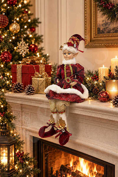 BeySüS Christmas Decoration Sitting Elf in Burgundy Outfit