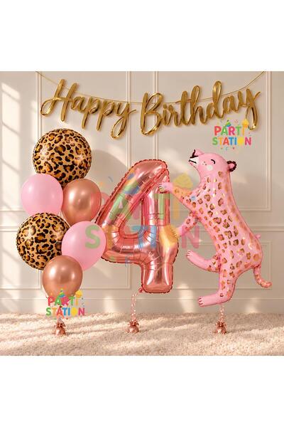Parti Station Pink Leopard 4 Year Old Balloon Set Safari Leopard Birthday Par...