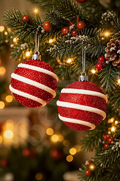 BeySüS Christmas Tree Ornament Red and White Curved Cute Ball 10 cm 2Pcs