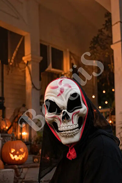 BeySüS Halloween Cadılar Bayramı Maske Kuru Kafa Kırmızı Siyah Tüllü Beyaz
