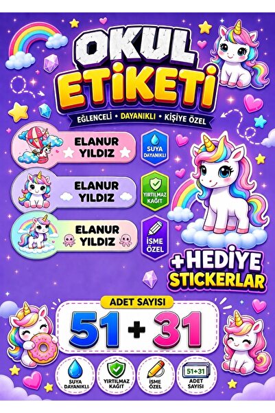 StickerLAB İsme Özel Okul Etiketi Unicorn Temalı Kitap Defter İsimliği Yırtıl...