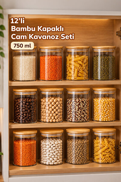 Porsima 1-4 Bambu Vakumlu Kapaklı Yuvarlak Borosilikat Cam 12li Kavanoz Seti ...