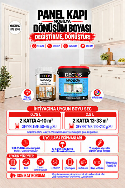 DECOS Woody Kırık Beyaz - Panel Kapı Ve Panel Ahşap Boyası Su Bazlı Kokusuz 8...