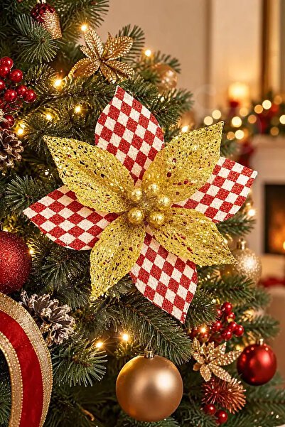 BeySüS Christmas Pine Tree Ornament Ponsetia Flower Large Red White Patterned