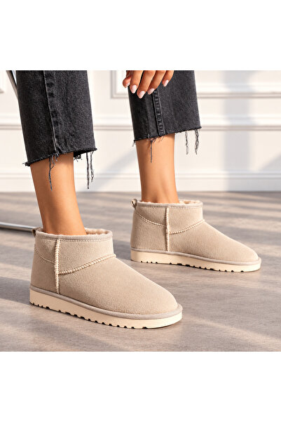 LEMİ SHOES Siyah Bağcıksız Düz Ve Ince Taban Içi Kürklü Kısa Süet Kadın Bot