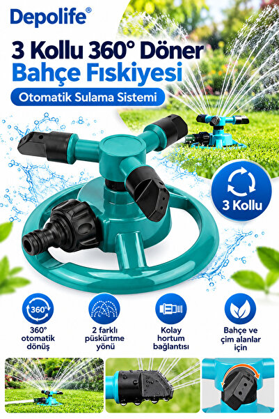 Depolife 3 lü Sprink Yeşil 360° Döndürme Otomatik Sulama Sistemi Bahçe Çim dö...
