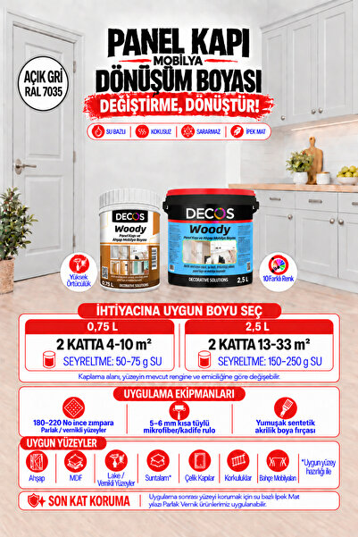 DECOS WOODY Açık Gri - Renkli Panel Kapı ve Mobilya Boyası | Su Bazlı Kokusuz...