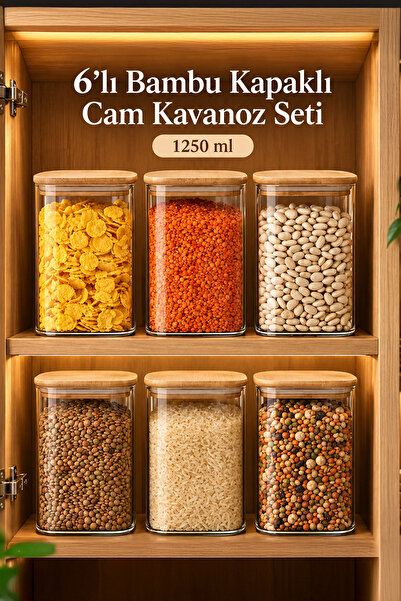 Porsima 6-3 Bambu Vakumlu Kapaklı Kare Borsilikat Cam 6lı Kavanoz Seti Saklam...