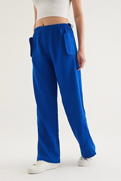 Juuuj Navy Blue Cotton Blend Pants with Elastic Waist, Comfortable Cut, Flap ...