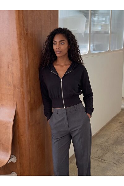 Juuuj Black Modal Fabric Hooded Long Sleeve Relaxed Fit Metal Zipper Sweat Ca...