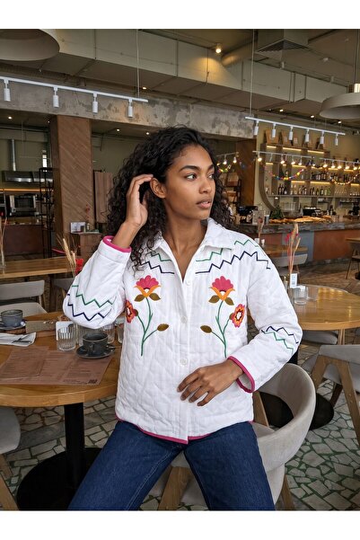 Juuuj White Cotton Polyester Off-Shoulder Floral Pattern Embroidered Buttoned...