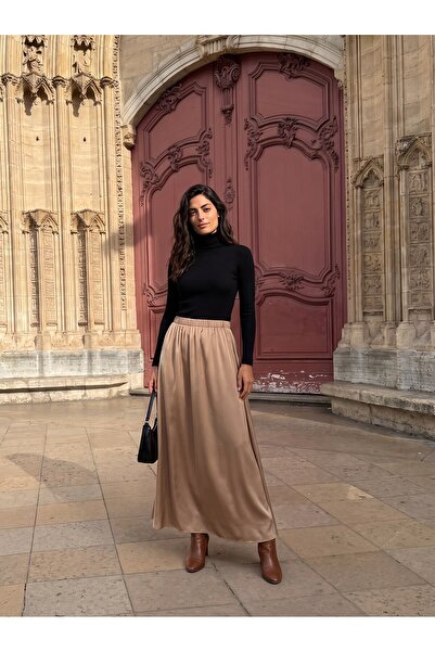Juuuj Mink Satin Fabric Elastic Waist Comfortable Cut Flared Form Long Bottom...