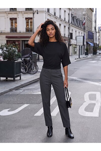 Juuuj Black Stretchy Textured Crew Neck Bat Sleeve Comfortable Fit Side Gathe...