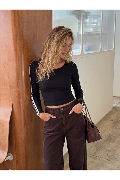 Juuuj Black Ribbed Stretchy Textured Crew Neck Long Sleeve Slim Fit Blouse wi...